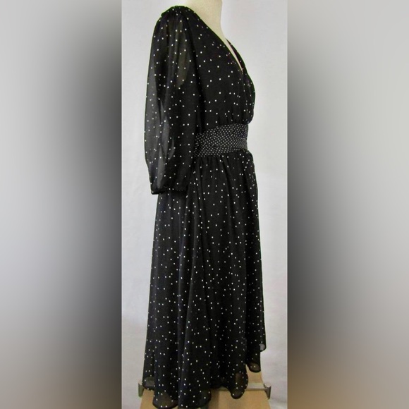 Maison Tara Dottie Faux Wrap Chiffon Midi Dress 3/4 Balloon Sleeves & Waist Sash - Picture 5 of 10